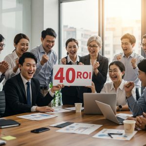 Equipo de profesionales celebrando resultados positivos de ROI tras implementar estrategias de optimización digital