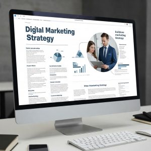 Estrategia de marketing digital mostrada en pantalla de iMac con gráficos, estadísticas y análisis de datos de marketing, incluyendo diagramas circulares y gráficos de barras sobre fondo blanco