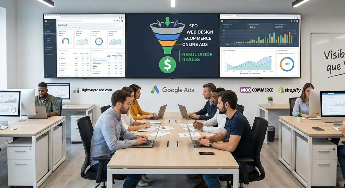 Profesionales de marketing digital gestionando campañas de poscionamiento web y desarrollo de ecommerce. Entorno de trabajo colaborativo con análisis de datos en pantallas, destacando la integración de estrategia, tecnología y creatividad para generar ventas reales.