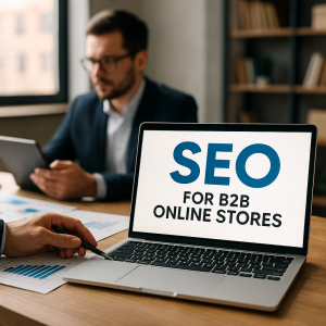 Laptop con gráfico de SEO para tiendas online B2B y analítica digital en entorno corporativo