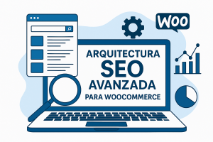 Ilustración conceptual sobre arquitectura SEO avanzada para tiendas online WooCommerce, con elementos de analítica y estructura web