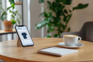 Teléfono inteligente mostrando una camiseta sobre una mesa de madera con una taza de café y un cuaderno