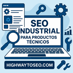 Ilustración sobre SEO industrial para productos técnicos, con elementos de catálogo, engranajes y analítica digital