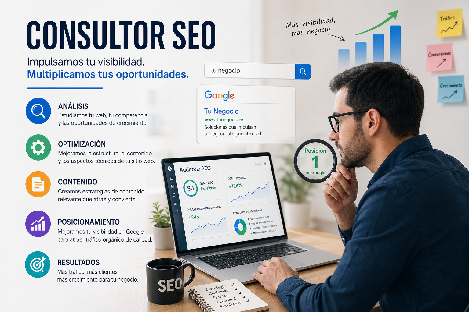 Consultor SEO en España | Servicios de posicionamiento web y consultoría SEO profesional El mundo digital está lleno de negocios gritando por atención como si Google fuera una feria. En medio de ese ruido aparece la figura del consultor SEO, que básicamente es quien intenta que tu web no se pierda en el fondo del internet junto a blogs abandonados de 2009. La consultoría SEO profesional se ha convertido en una pieza clave para empresas que quieren mejorar su visibilidad sin depender únicamente de publicidad pagada. A través de estrategias de análisis, optimización y contenido, el posicionamiento web permite que una marca aparezca justo cuando el usuario la necesita, no cuando el algoritmo se acuerda de ella.