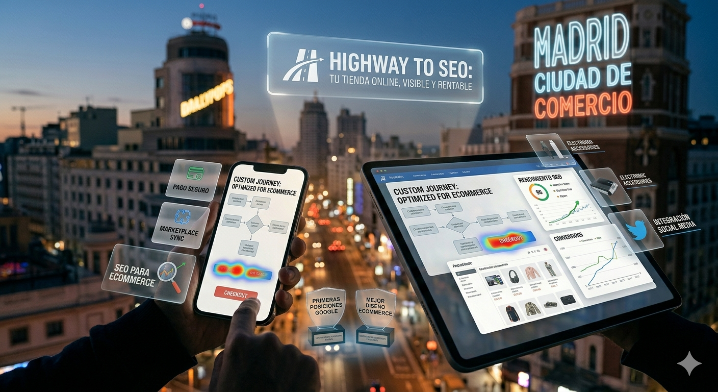 Interfaz de una tienda online profesional en smartphone y tablet con gráficos de conversión y SEO, sobre un fondo desenfocado de la Gran Vía de Madrid de noche, destacando servicios de ecommerce de Highway to SEO.