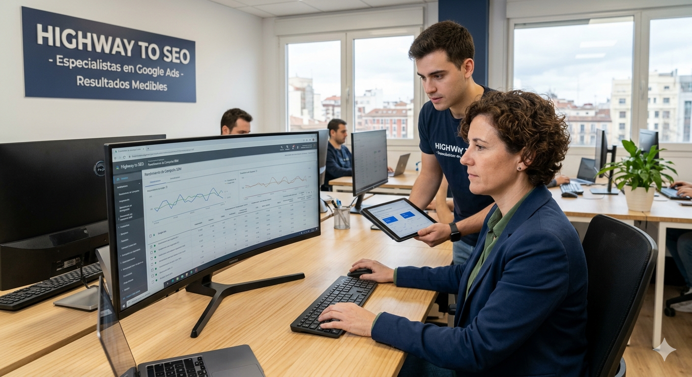 Dos especialistas de marketing de la agencia Highway to SEO, un hombre y una mujer, revisan gráficas y datos analíticos de Google Ads en un monitor panorámico y una tablet dentro de una oficina luminosa en Madrid. El ambiente es profesional y orientado al análisis de resultados.