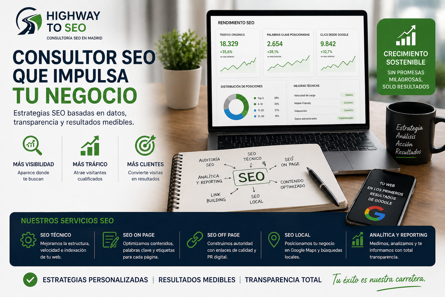 Banner de Highway to SEO sobre consultoría SEO en Madrid con un portátil mostrando estadísticas de tráfico orgánico, palabras clave y clics, junto a un cuaderno con estrategia SEO y servicios de posicionamiento web.