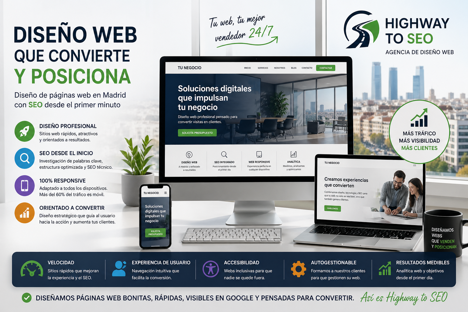Banner de Highway to SEO sobre diseño web en Madrid con SEO desde el inicio, mostrando una web responsive en ordenador, portátil y móvil con mensaje de conversión y posicionamiento en Google.